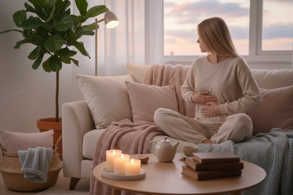 Warm and calming mood image focused on relaxation and stress relief. Soft evening light, pastel tones, cosy modern interior. A woman (face not visible) sitting relaxed on a sofa or bed, one hand resting on her belly or chest, expressing calm and inner balance. Soft textures: blankets, pillows, candles, plants. Minimalistic, clean, high-quality lifestyle photography.